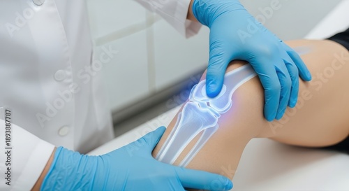 Knee pain surgery options concept. Medical professional examining a knee joint with a digital overlay.