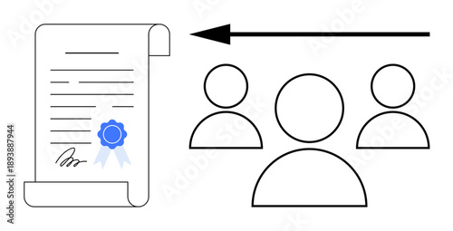 Contract agreement. A document with certification and group of people connected by an arrow contract agreement. Contract used in business, legal, hiring, negotiations, partnerships