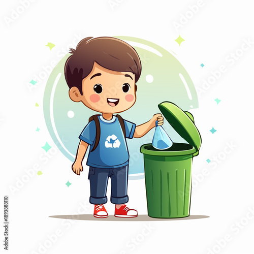 Cartoon kid animal placing trash into a dustbin, simple geometric vector style