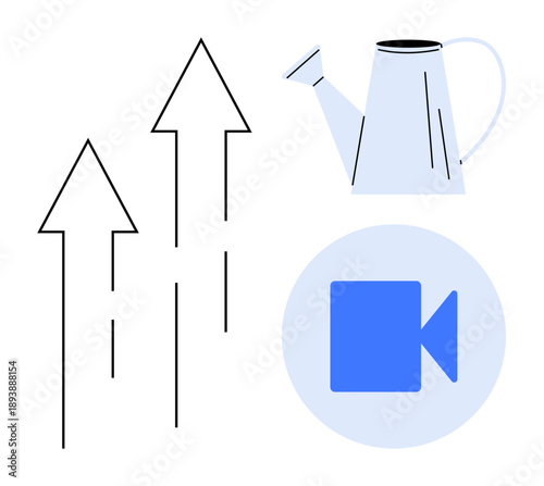 Business growth, digital communication, content creation, teamwork, education, strategy planning. Arrows pointing upwards, a watering can and a video icon. Growth and digital communication