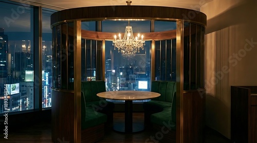 Luxurious private dining booth with city skyline view at night