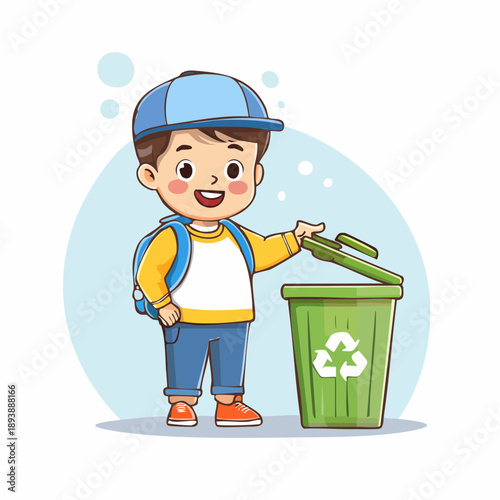 Cartoon kid animal placing trash into a dustbin, simple geometric vector style