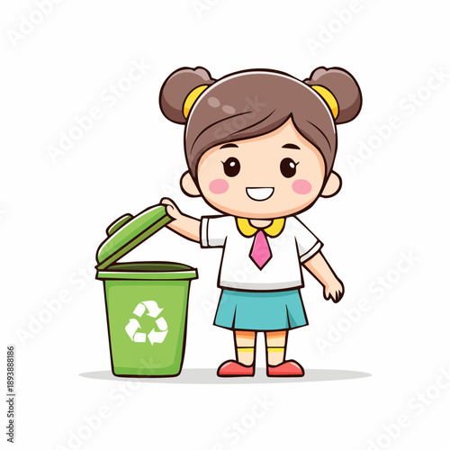 Cartoon kid animal placing trash into a dustbin, simple geometric vector style