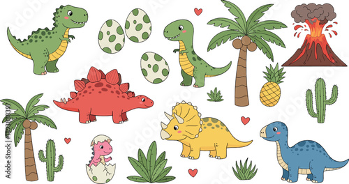 Cute dinosaur vector set with baby dinos, eggs, volcano, palm trees, cactus, hearts, and colorful prehistoric cartoon illustrations