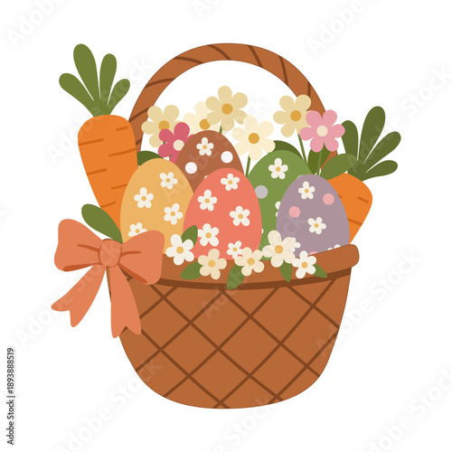 A festive Easter basket with pastel eggs, flowers, and carrots, topped with a bright orange bow, springtime joy in full bloom.