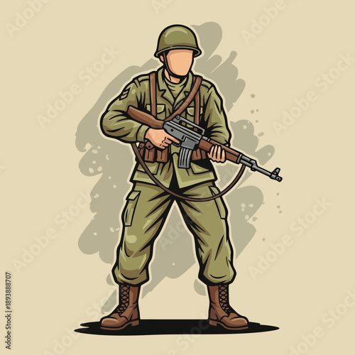 World War II Soldier Cartoon Illustration. Military Figure Vector Art. Historical Army.