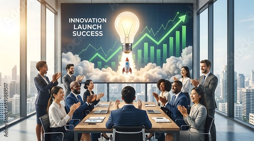 Business team celebrating innovation launch success in modern office