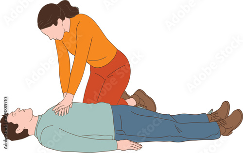 Woman performing CPR emergency life saving technique on unconscious man vector illustration isolated on white