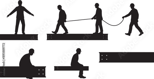 6 Black Solid Steel Beam Walking Silhouettes Set on White Background