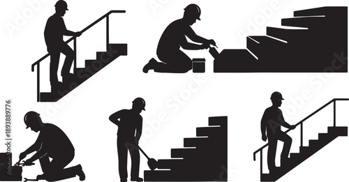 5 Black Solid Staircase Safety Silhouettes Set on White Background