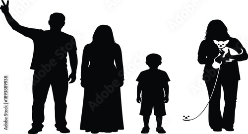 Collection, of, black, silhouettes, featuring, a, family, with, a, man, woman, child, and, person, holding, a, small, dog, on, leash.