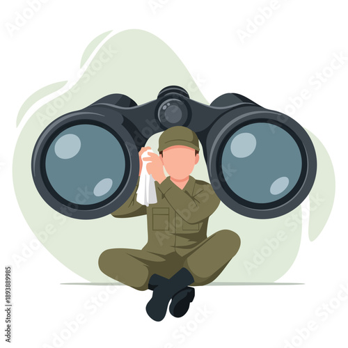 Soldier cleaning binoculars. Military observation. Outdoor.