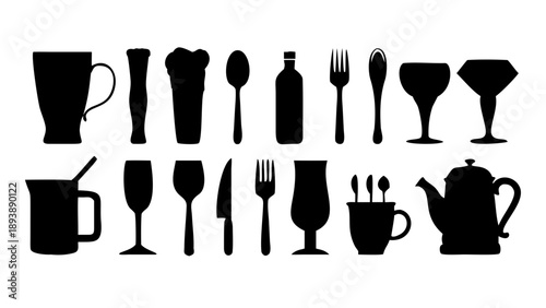 A comprehensive collection of kitchen and bar icons in solid black silhouette style. Includes beer mugs with foam, wine glasses, cocktail shakers, forks, knives, and coffee cups. Flat vector design, 