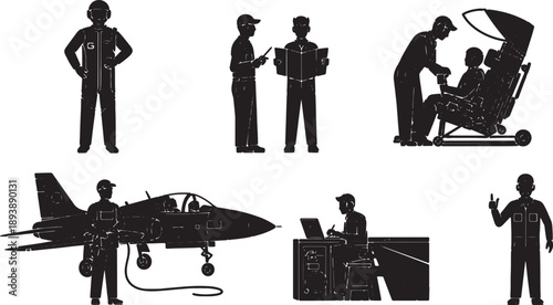 6 Black Solid Test Pilot and Engineer Silhouettes Set on White Background