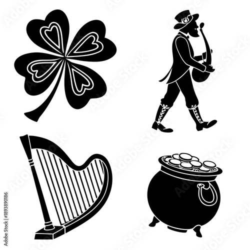 Cartoon vector illustration set featuring St Patrick’s Day leprechaun silhouettes and holiday design symbols in black art drawing style