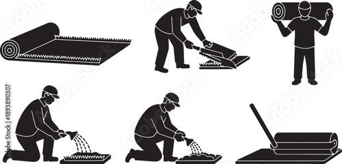 6 Black Solid Sod Installation Silhouettes Set on White Background