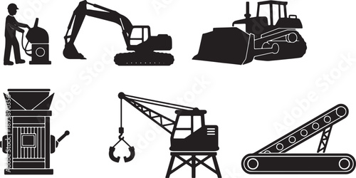 6 Black Solid Industrial Waste Handling Silhouettes Set on White Background