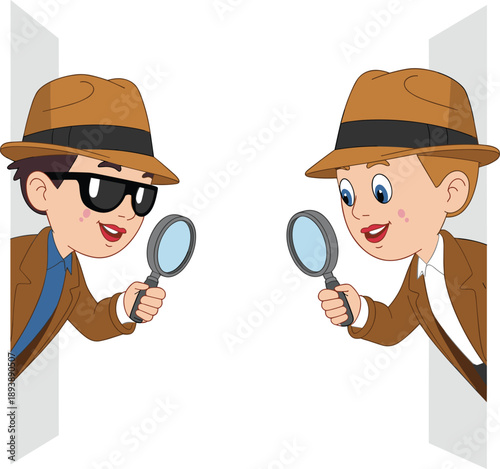 Cartoon Detective Character Vector Illustration Set Featuring Young Boy and Girl Investigators with Magnifying Glasses