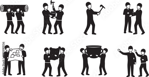 6 Black Solid Landscaper Team Silhouettes Set on White Background