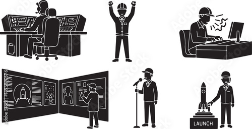 6 Black Solid Launch Control Staff Silhouettes Set on White Background