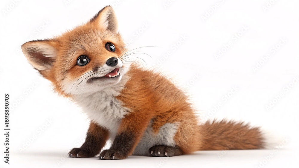 Obraz premium Cute 3D Baby Red Fox Sitting and Smiling on White Background
