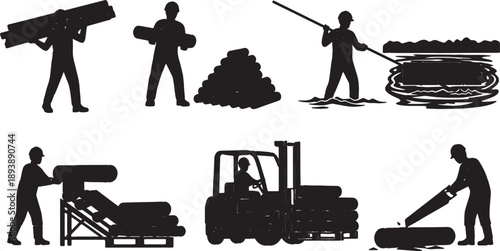 6 Black Solid Dock Workers Handling Lumber Silhouettes Set on White Background