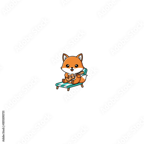 Cute cartoon fox relaxing on a beach chair with a drink.