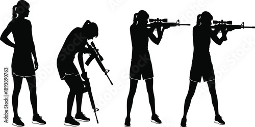 Collection, of, black, silhouettes, featuring, a, female, shooter, holding, and, aiming, a, rifle, with, a, scope, for, sports, and, tactical.