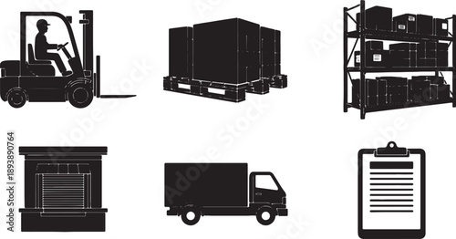 6 Black Solid Logistics of Recycling Silhouettes Set on White Background