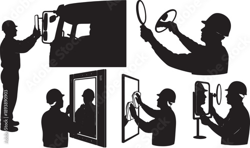 5 Black Solid Workers Adjusting Mirrors Silhouettes Set on White Background