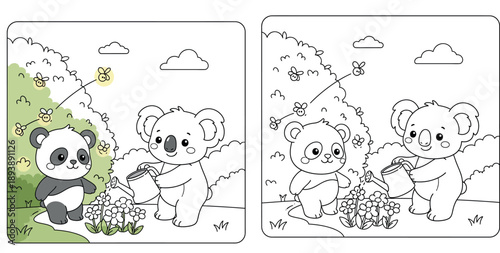 Cute cartoon koala watering flowers and panda bear friend in garden vector illustration; happy animals with bees and watering can for coloring book.
