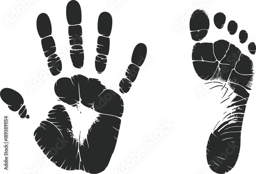 Realistic Black Silhouette Vector of a Human Handprint and Footprint Isolated on Plain White Background
