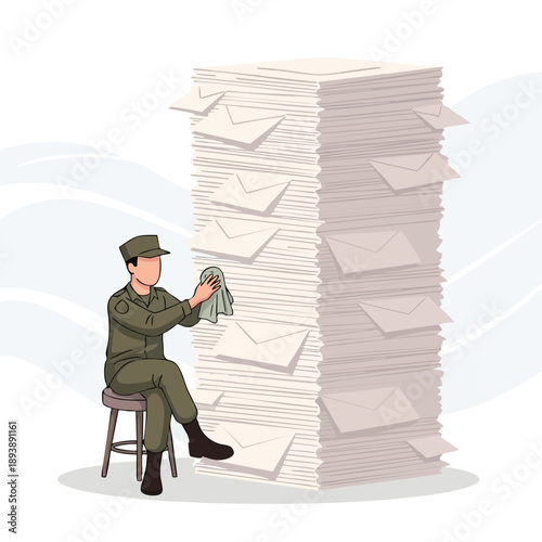 Soldier sorting massive mail stack. Military administration concept. Flat illustration. Bureaucracy task.