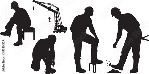 5 Black Solid Work Boots Donning Silhouettes Set on White Background