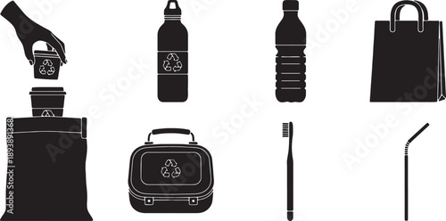 6 Black Solid Zero Waste Items Silhouettes Set on White Background