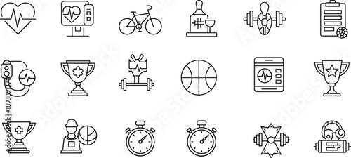 Black line of sports medicine and fitness symbols line black heart rate
