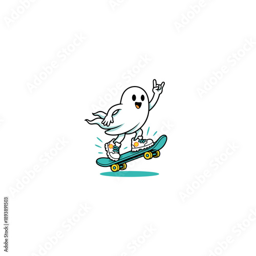Foto Cool ghost character skateboarding with a rock and roll hand gesture