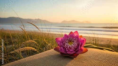 Pink flower on a textured surface, beach and ocean background