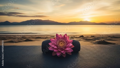 Pink flower rests atop a rolled towel on a beach, sunset horizon