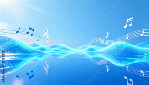 Abstract musical background with flying notes and glowing sound waves. Blue 3D illustration of melody and rhythm with reflection. Copy space for text