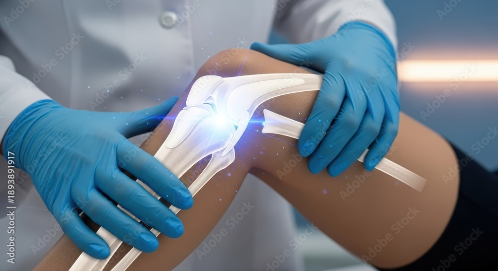 Obraz premium Knee pain surgery options concept. Medical professional examining a knee joint with a digital focus on the area.