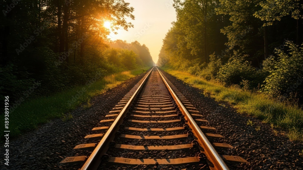 Fototapeta premium Railway tracks disappear into sunlight through lush, green forest trees