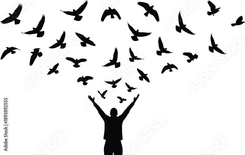 Collection, of, black, silhouettes, featuring, a, person, with, raised, arms, releasing, a, large, flock, of, flying, birds, for, freedom, design.