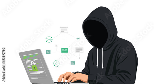 Cyber Hacker in Black Hoodie Working on Laptop with Digital Security Icons