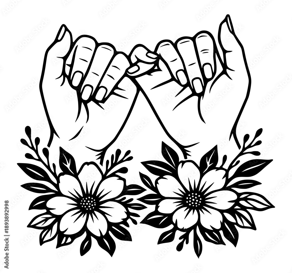 Obraz premium Pinky Swear Promise Hands with Floral Flowers Decoration Vector Illustration - Best Friends Forever Friendship Concept Graphic Design for T-shirts and Gifts
