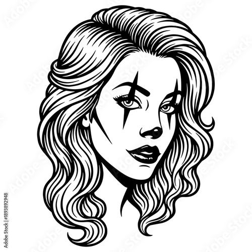 Beautiful Woman with Clown Face Makeup and Long Wavy Hair Vector Illustration - Gothic Harlequin Girl Portrait Design - Black and White Tattoo Style Art