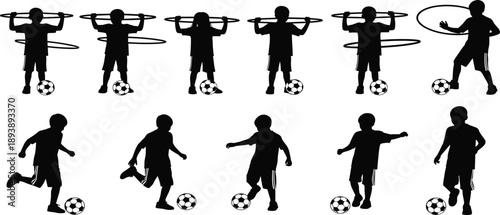 Collection, of, black, silhouettes, featuring, children, playing, soccer, and, using, hula, hoops, for, youth, sports, school, physical, education, and, active.