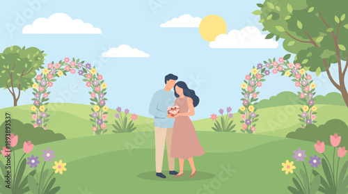 Expecting couple in sunlit garden with floral arches — maternity portrait in spring meadow