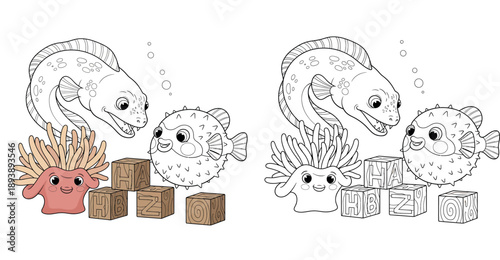 Cute cartoon moray eel and pufferfish swimming with sea anemone and wooden alphabet blocks vector illustration; underwater marine life coloring page for kids.