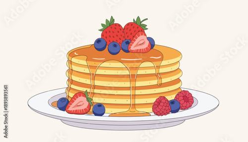Detailed illustration of pancake stack with dripping honey and mixed berries on dish vector Shrove Monday